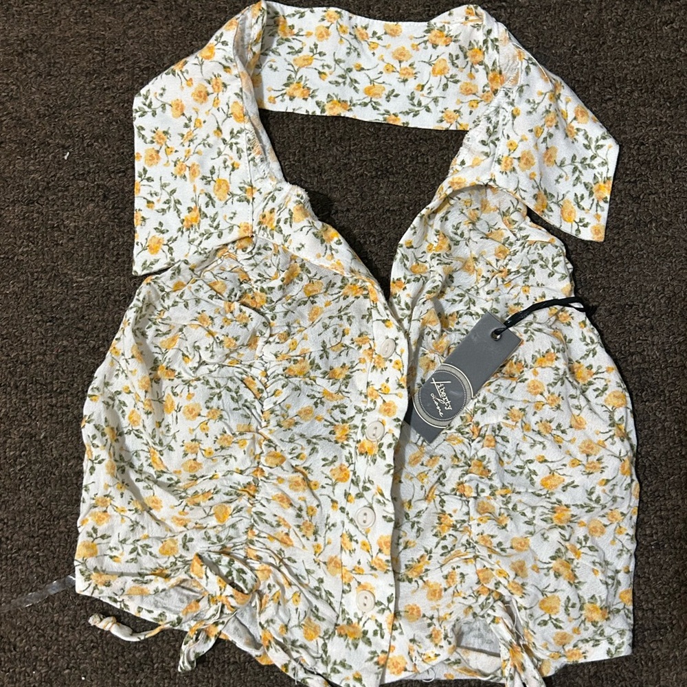 Floral Yellow and White collared halter Top
